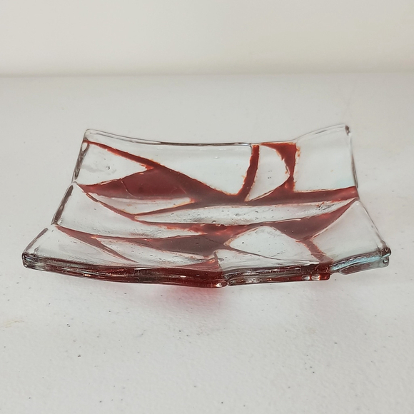 Vintage Red Clear Fuses Glass Trinket Dish Square Geometric 5x5 - Picture 2 of 6